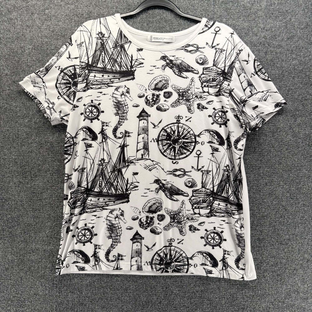 Ferrato Top Womens L White Black Boat Sea Graphic Artsy Nautical Preppy Casual